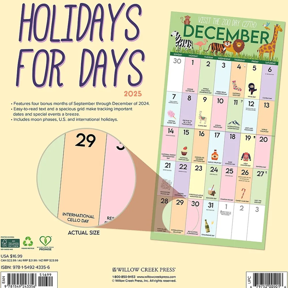 2025 Calendars|Willow Creek 2025 Holidays for Days 12" x 12" Monthly Wall Calendar (43356)