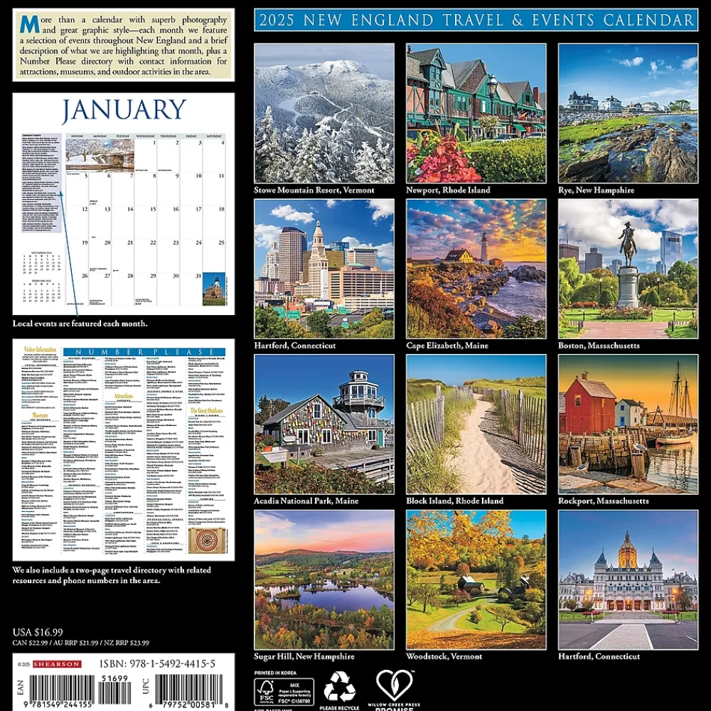 2025 Calendars|Willow Creek 2025 New England 12" x 12" Monthly Wall Calendar (44155)