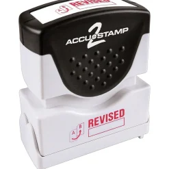 Stamps & Stamp Pads|Accu-Stamp 2 One-Color Pre-Inked Shutter Message Stamp, REVISED, 1/2" x 1-5/8" Impression, Red Ink (035587)