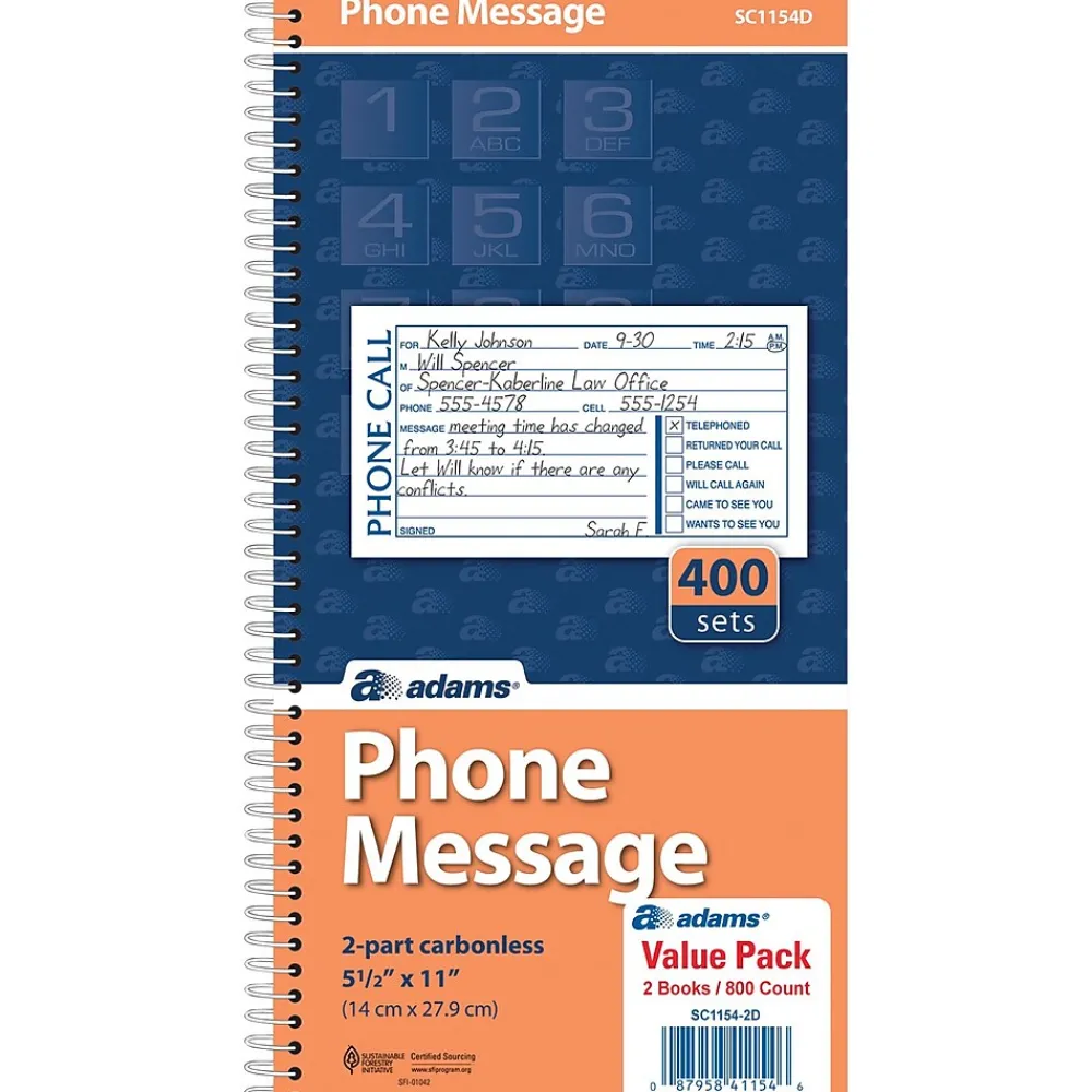 Notepads|Adams Phone Message Pad, 5.5" x 11", White, 100 Sheets/Pad, 2 Pads/Pack (SC1154-2D)