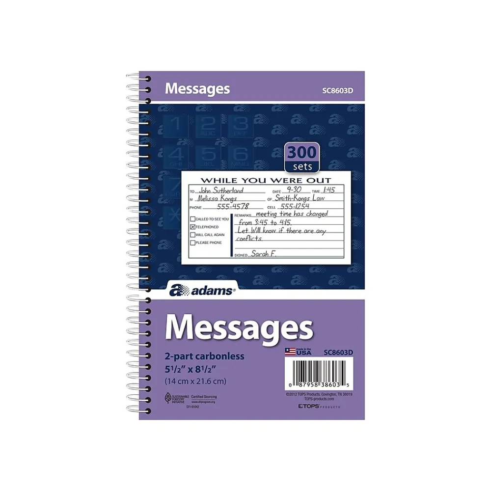 Notepads|Adams Phone Message Pad, 5.5" x 8.5", Ruled, White, 100 Sheets/Pad (SC8603D)