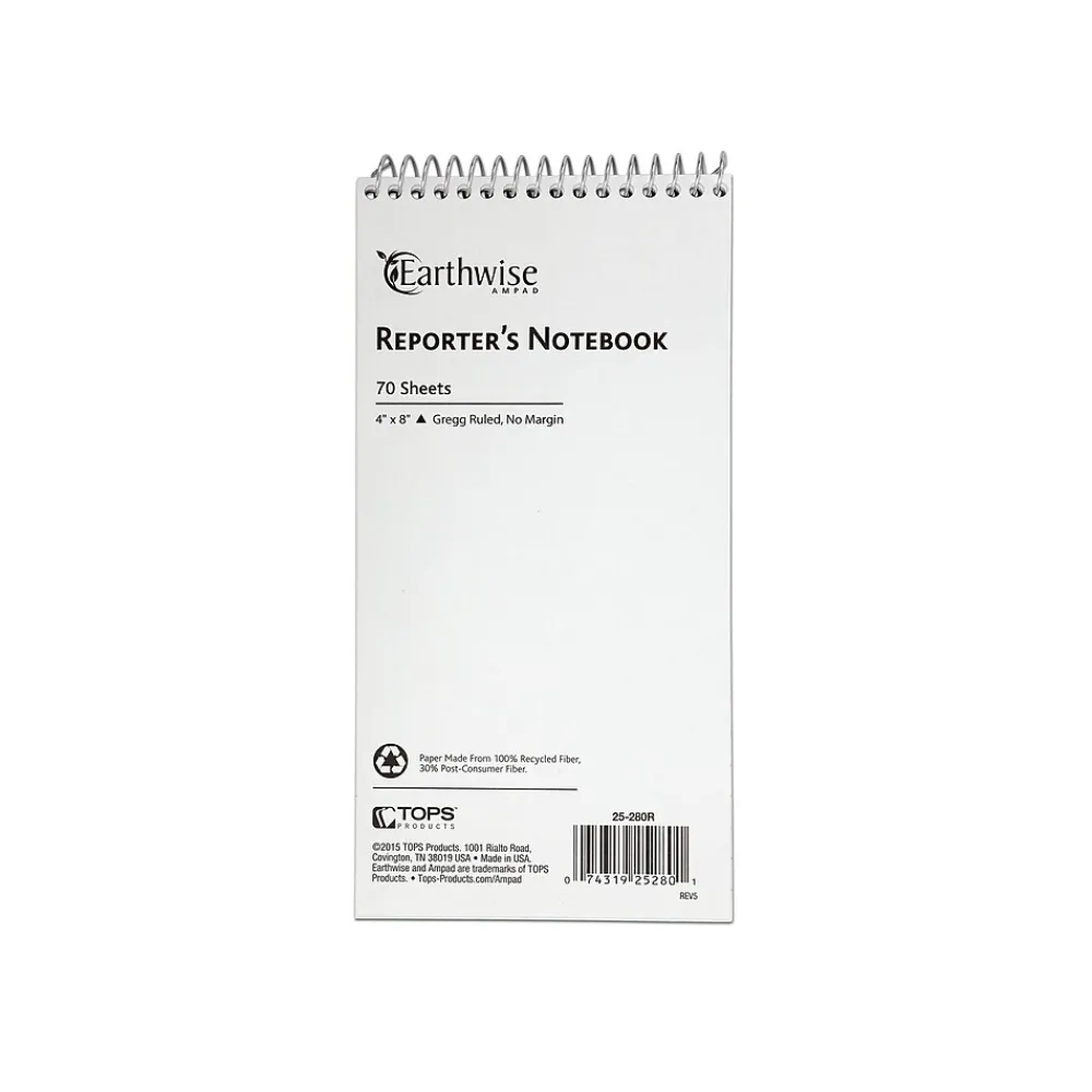 Notepads|Ampad Earthwise Notepad, 4" x 8", Gregg, White, 70 Sheets/Pad, (TOP25-280R)