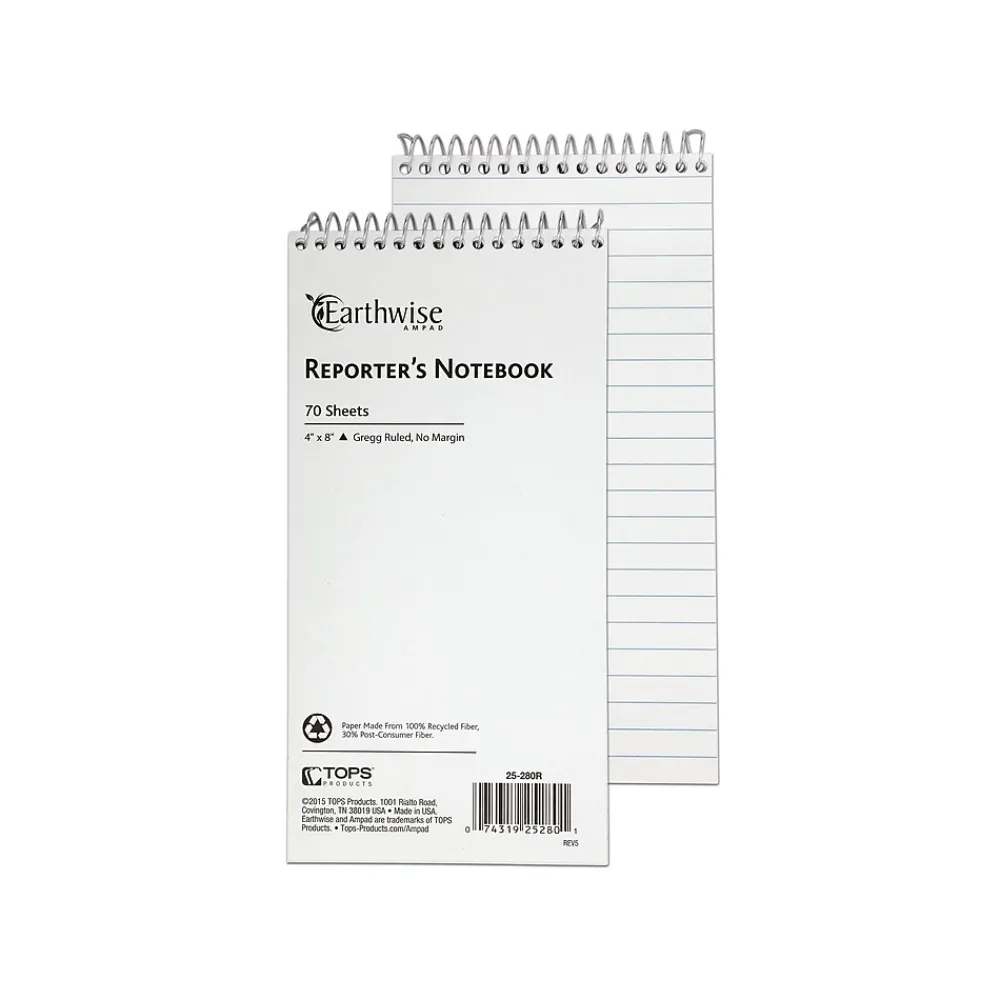 Notepads|Ampad Earthwise Notepad, 4" x 8", Gregg, White, 70 Sheets/Pad, (TOP25-280R)