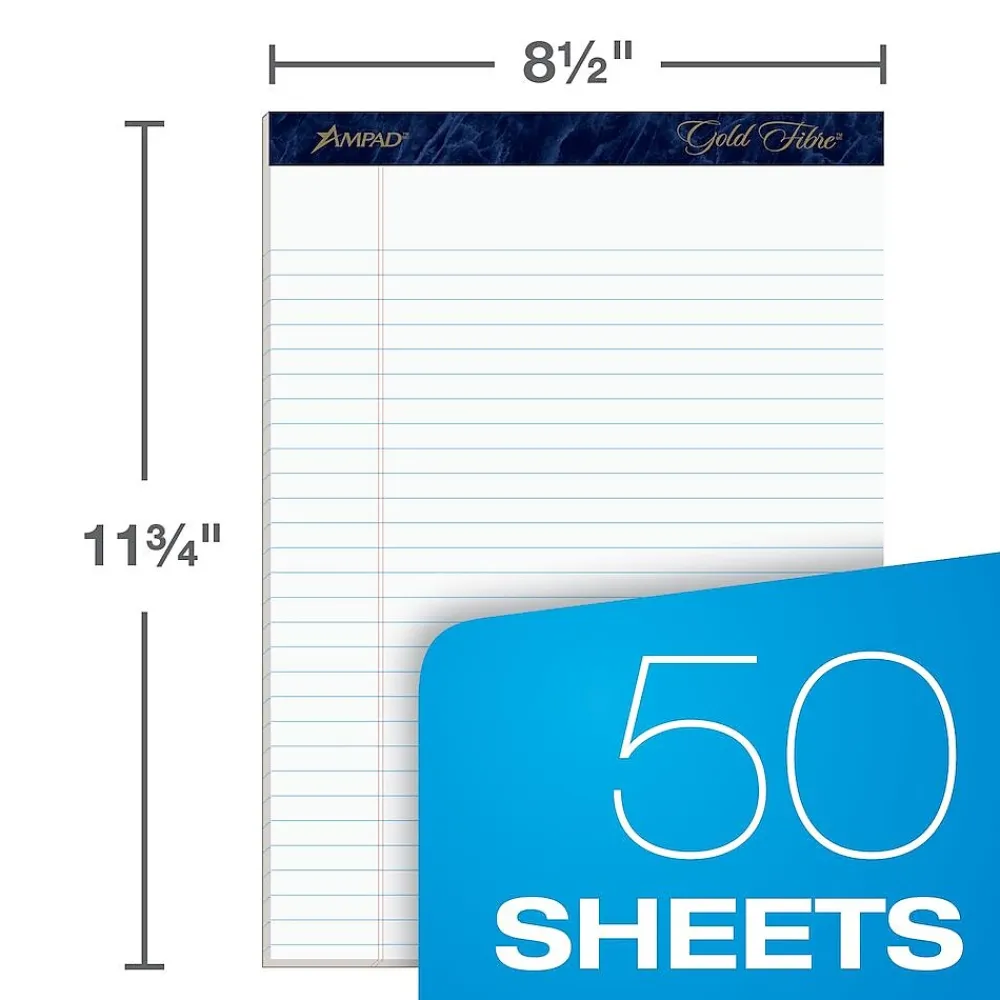 Notepads|Ampad Gold Fibre Notepads, 8.5" x 11.75", Wide Ruled, White, 50 Sheets/Pad, 4 Pads/Pack (TOP20-031R)
