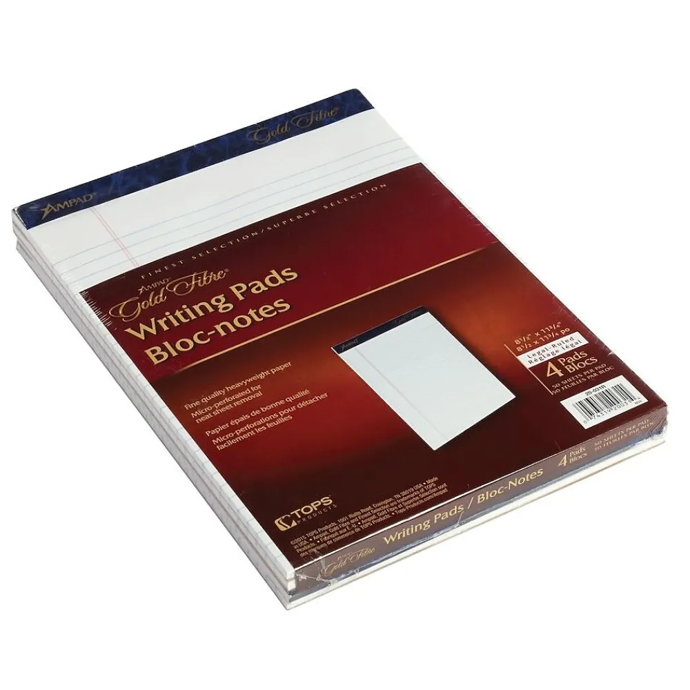 Notepads|Ampad Gold Fibre Notepads, 8.5" x 11.75", Wide Ruled, White, 50 Sheets/Pad, 4 Pads/Pack (TOP20-031R)