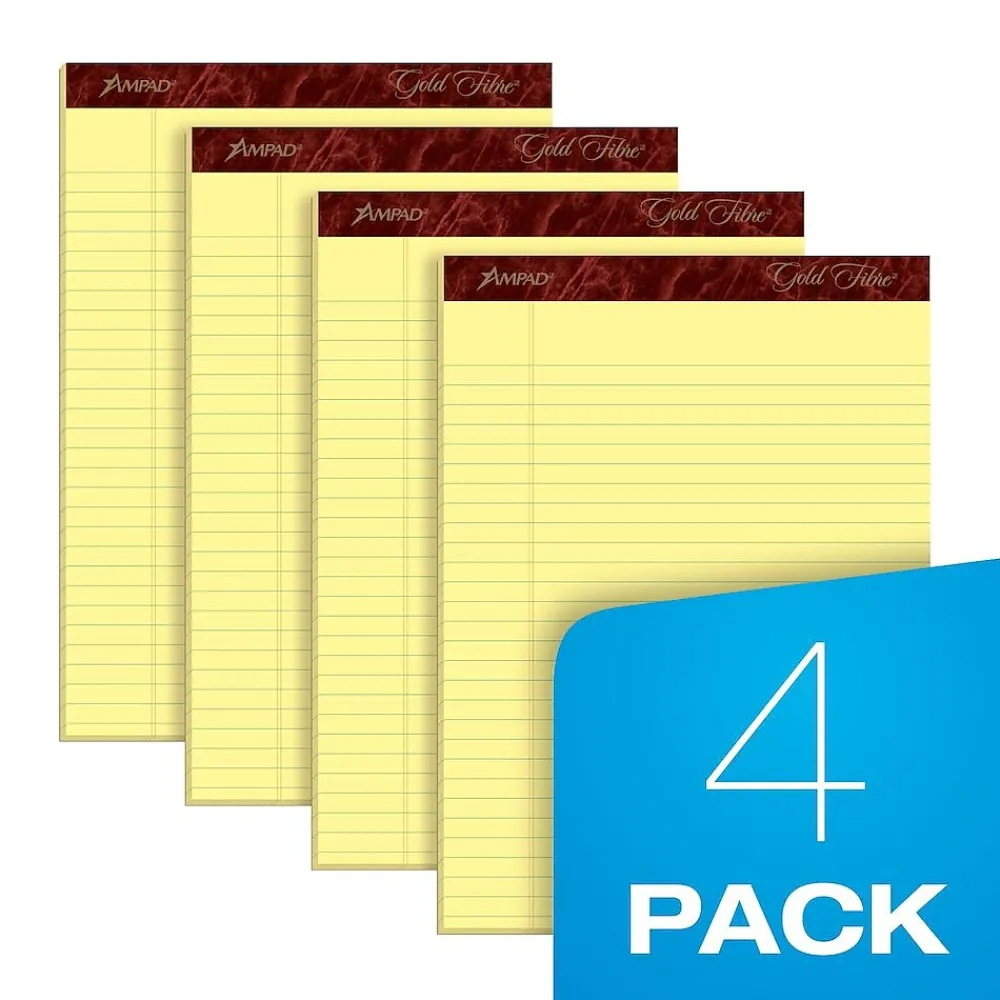 Notepads|Ampad Gold Fibre Notepads, 8.5" x 11.75", Wide Ruled, Canary, 50 Sheets/Pad, 4 Pads/Pack (TOP20-032R)