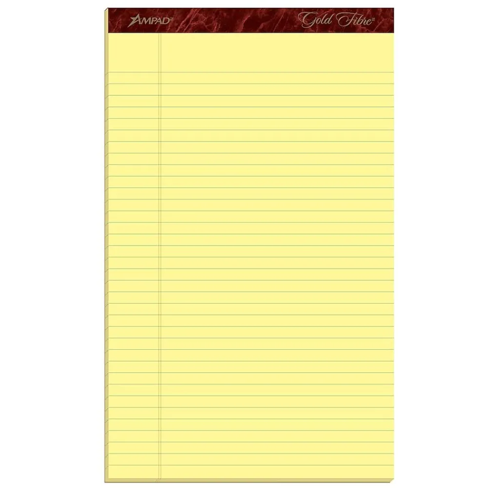 Notepads|Ampad Gold Fibre Notepads, 8.5" x 14", Wide Rule, Canary, 50 Sheets/Pad, 12 Pads/Pack (TOP 20-030R)