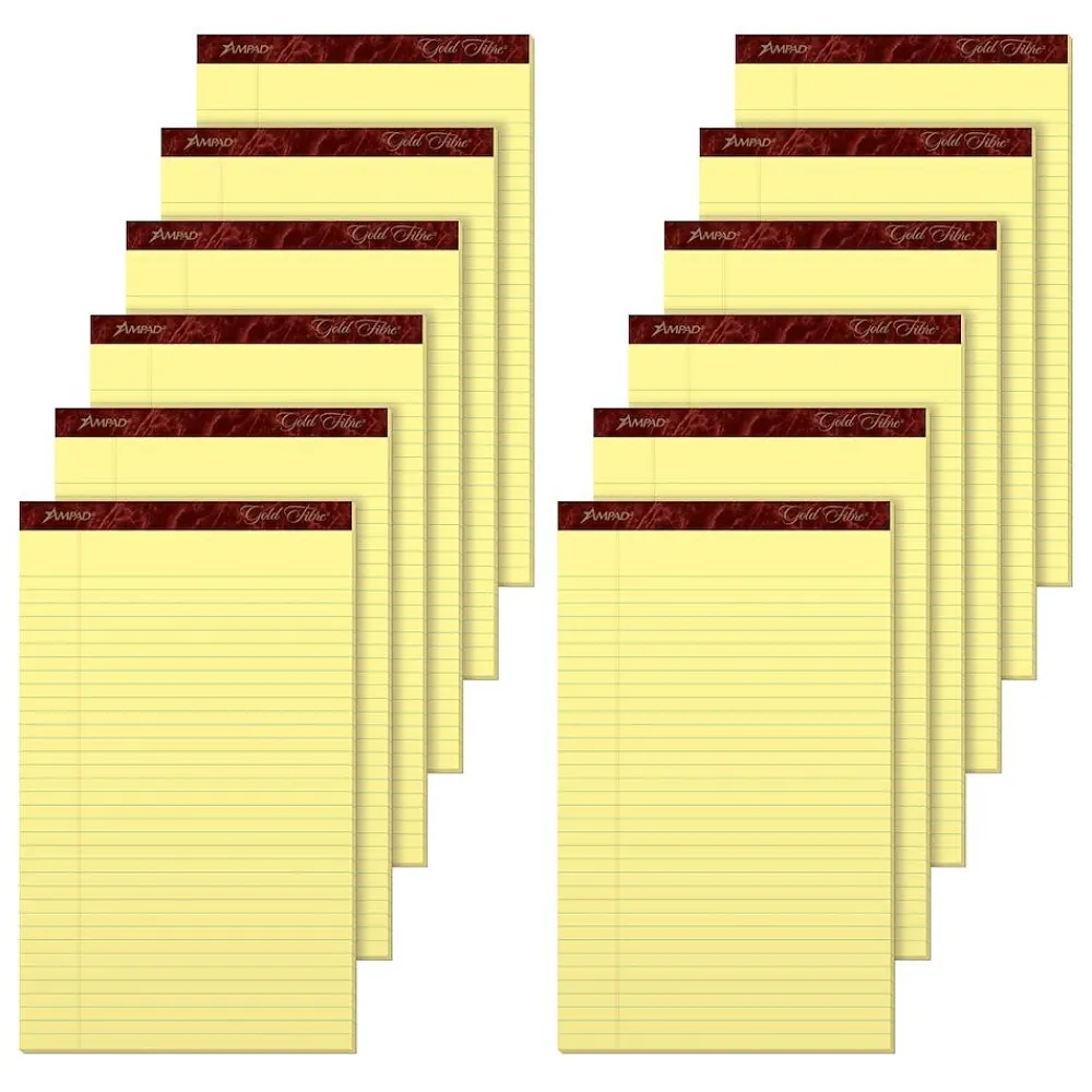Notepads|Ampad Gold Fibre Notepads, 8.5" x 14", Wide Rule, Canary, 50 Sheets/Pad, 12 Pads/Pack (TOP 20-030R)