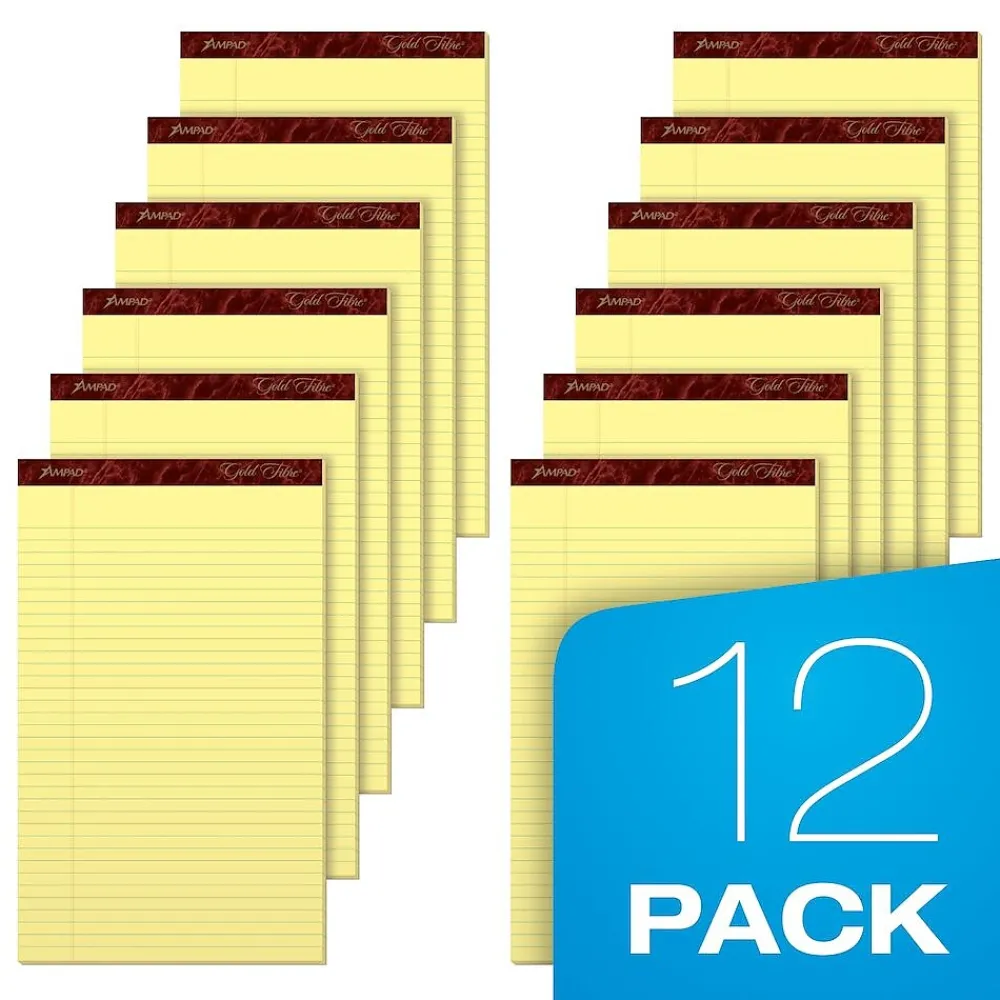 Notepads|Ampad Gold Fibre Notepads, 8.5" x 14", Wide Rule, Canary, 50 Sheets/Pad, 12 Pads/Pack (TOP 20-030R)