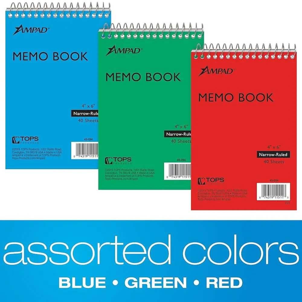 Notepads|Ampad Memo Books, 4" x 6", Narrow Ruled, Assorted Colors, 40 Sheets/Pad, 3 Pads/Pack (AMP45094)