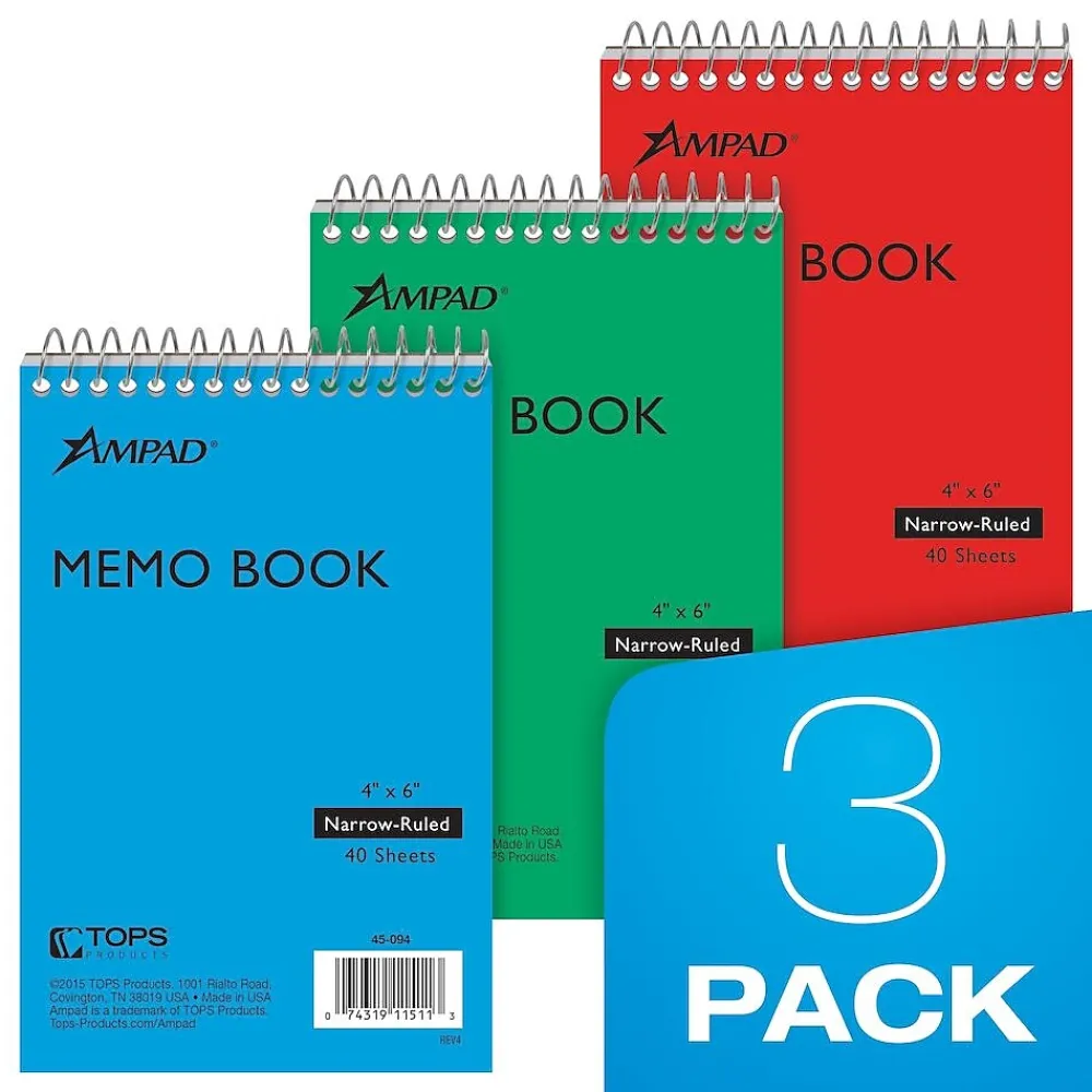 Notepads|Ampad Memo Books, 4" x 6", Narrow Ruled, Assorted Colors, 40 Sheets/Pad, 3 Pads/Pack (AMP45094)