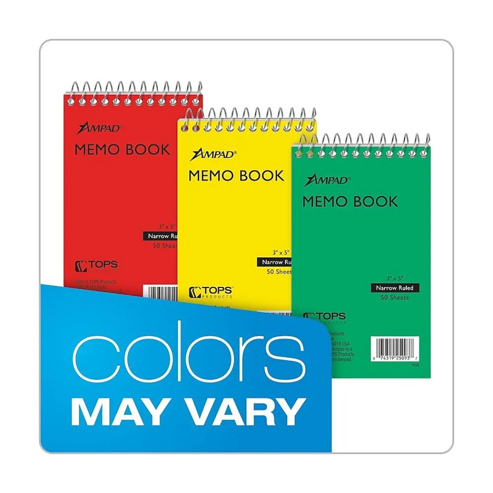 Notepads|Ampad Memo Pads, 3" x 5", Narrow Ruled, 50 Sheets, Assorted Colors, Each (25-093)