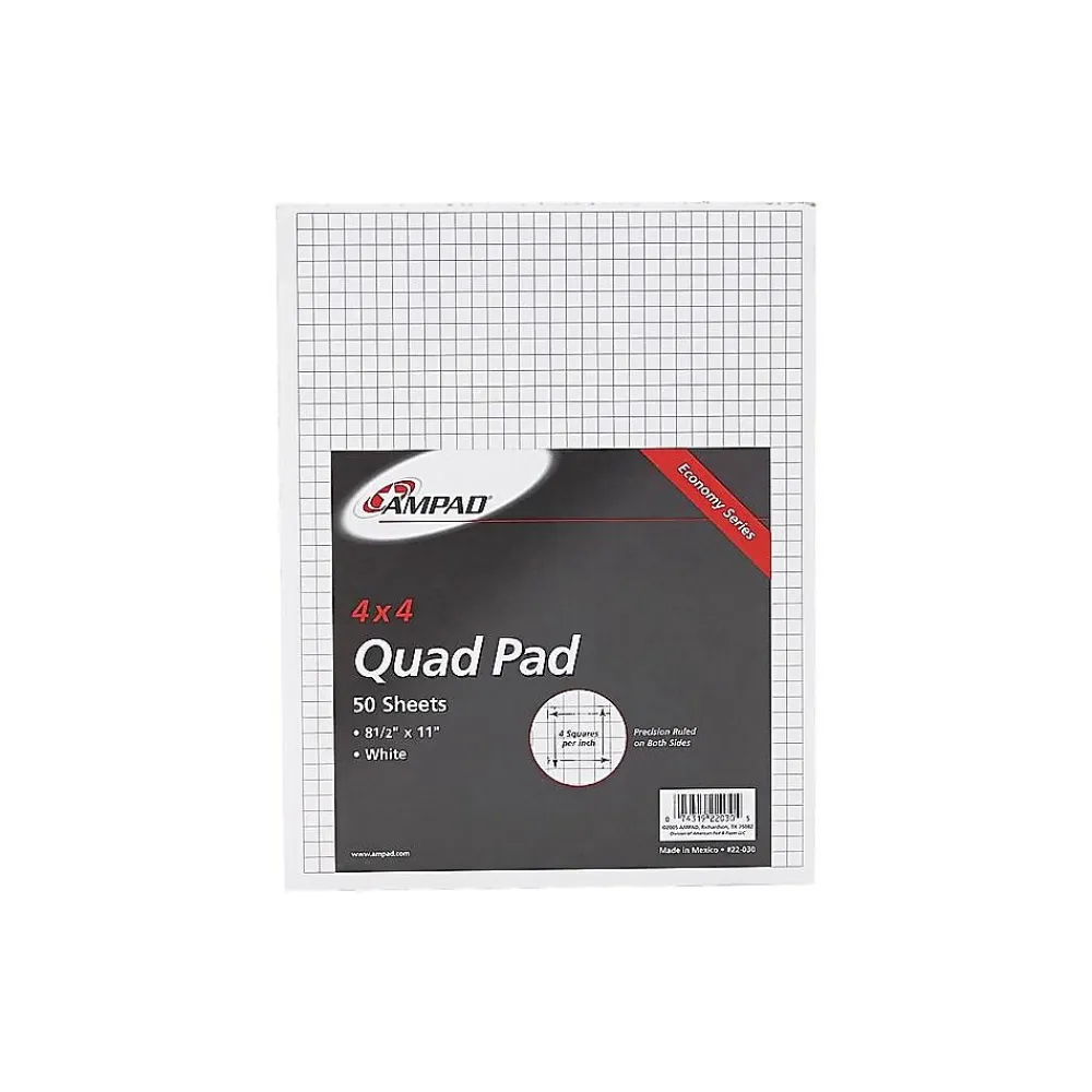 Notepads|Ampad Notepad, 8.5" x 11", Quad Ruled, White, 50 Sheets/Pad (TOP22-030C)
