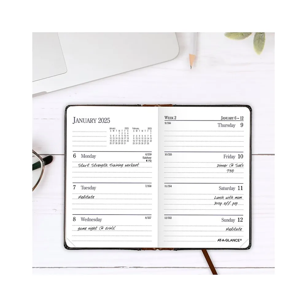 Journals|AT-A-GLANCE Fine Diary Pocket Hardcover 2025 Weekly and Monthly Diary, 2.75" x 4.25", Ruled, Black/Brown (74-01-05-25)