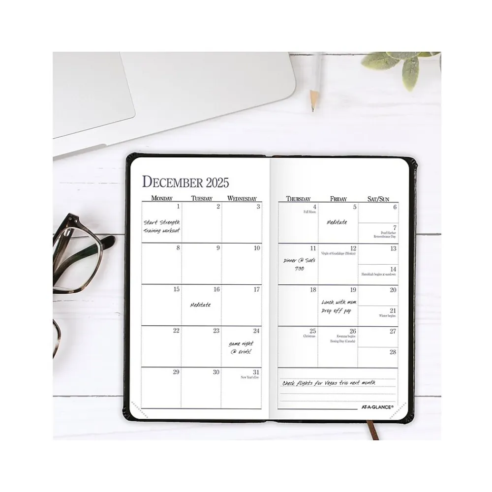 Journals|AT-A-GLANCE Fine Pocket Hardcover Diary, 3" x 6", Ruled, Black/Brown (74-02-05-25)