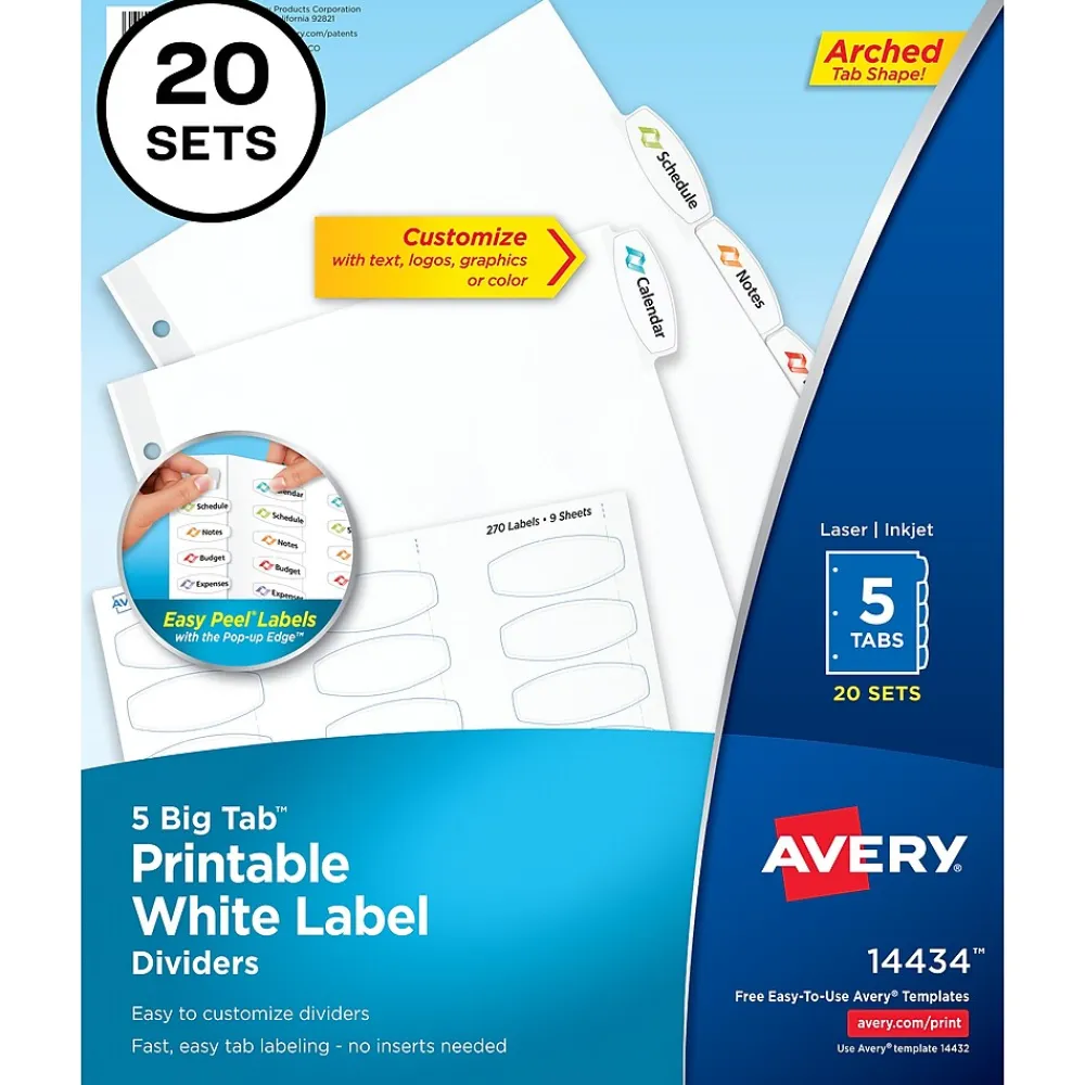 Dividers|Avery Big Tab Printable Paper Dividers with White Labels, 5 Tabs, 20 Sets/Pack (11434)