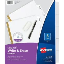 Dividers|Avery Big Tab Write & Erase Paper Divider, 5 Tabs, White/Gold Reinforced, 1 Set (23075)