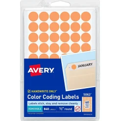 Labels|Avery Color-Coding Labels, 1/2 " Dia, Neon Orange, Non-Printable, 840 Labels/Pack (5062)