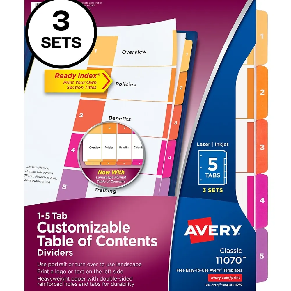 Dividers|Avery Customizable Table of Contents Dividers, 5-Tab, Multicolor, 3 Sets/Pack (11070)