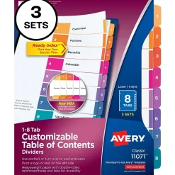 Dividers|Avery Customizable Table of Contents Divider, Multicolor, 3 Sets/Pack (11071)