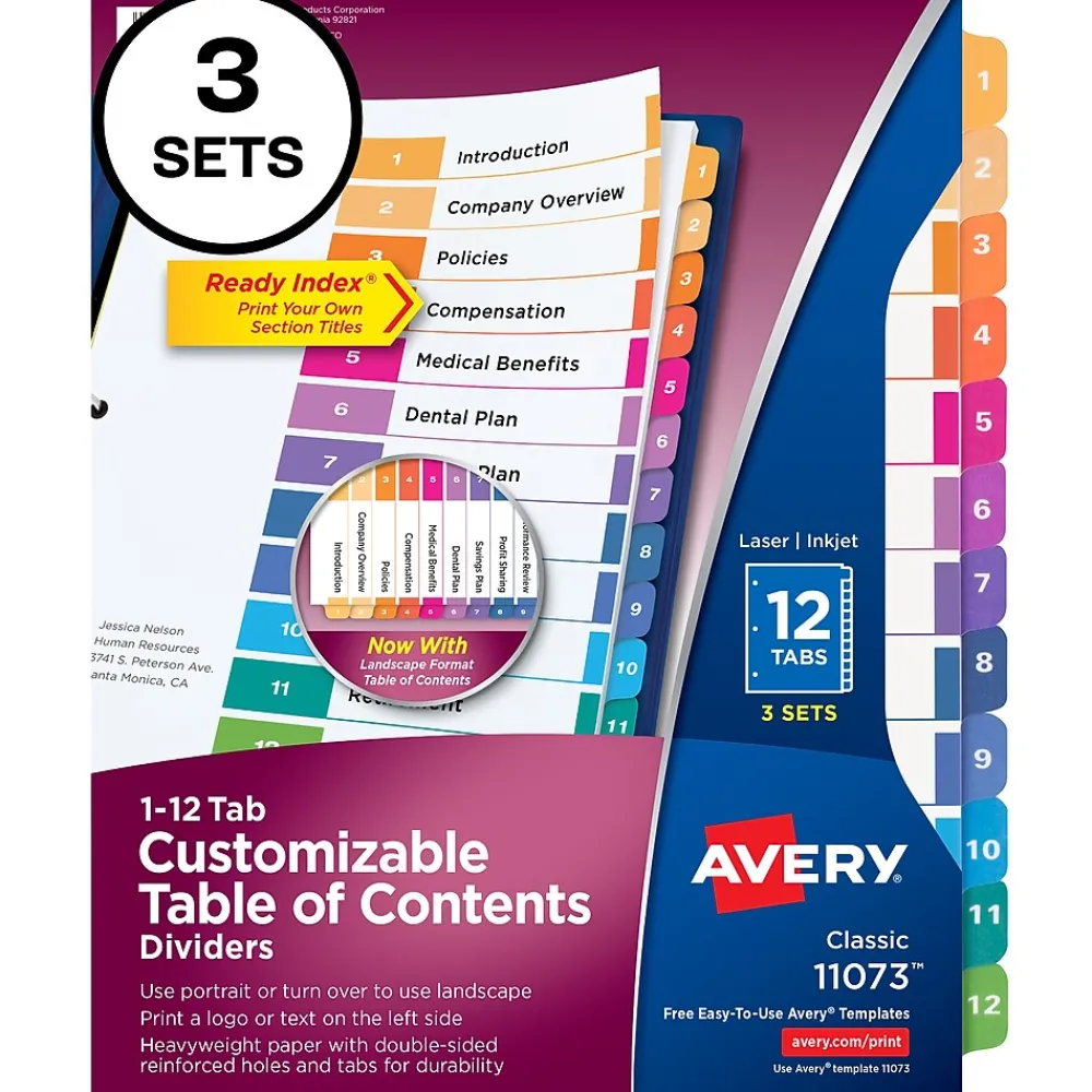 Dividers|Avery Customizable Table of Contents Dividers, 12-Tab, Multicolor, 3 Sets/Pack (11073)