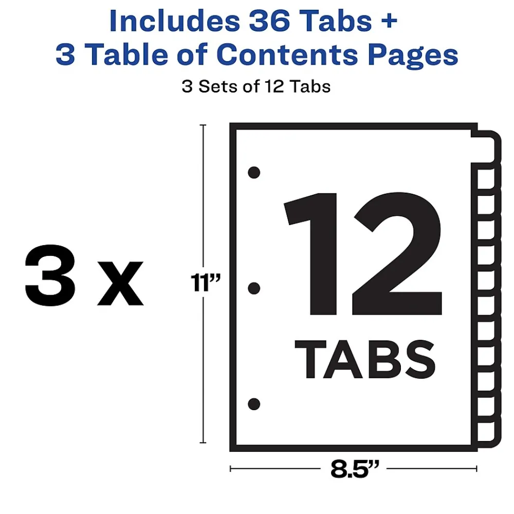 Dividers|Avery Customizable Table of Contents Dividers, 12-Tab, Multicolor, 3 Sets/Pack (11073)