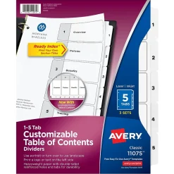 Dividers|Avery Customizable Table of Contents Dividers, Ready Index Printable Section Titles, Preprinted 1-5 White Tabs, 3 Sets (11075)