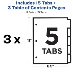 Dividers|Avery Customizable Table of Contents Dividers, Ready Index Printable Section Titles, Preprinted 1-5 White Tabs, 3 Sets (11075)