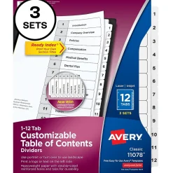 Dividers|Avery Customizable Table of Contents Dividers, 12-Tabs, White, 3 Sets/Pack (11078)