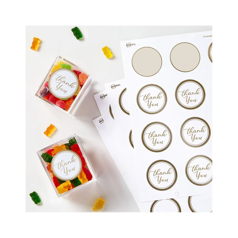 Labels|Avery Easy Peel Laser/Inkjet Round Labels, 2" Dia, White with Metallic Gold Borders, 120 Labels/Pack (22876)