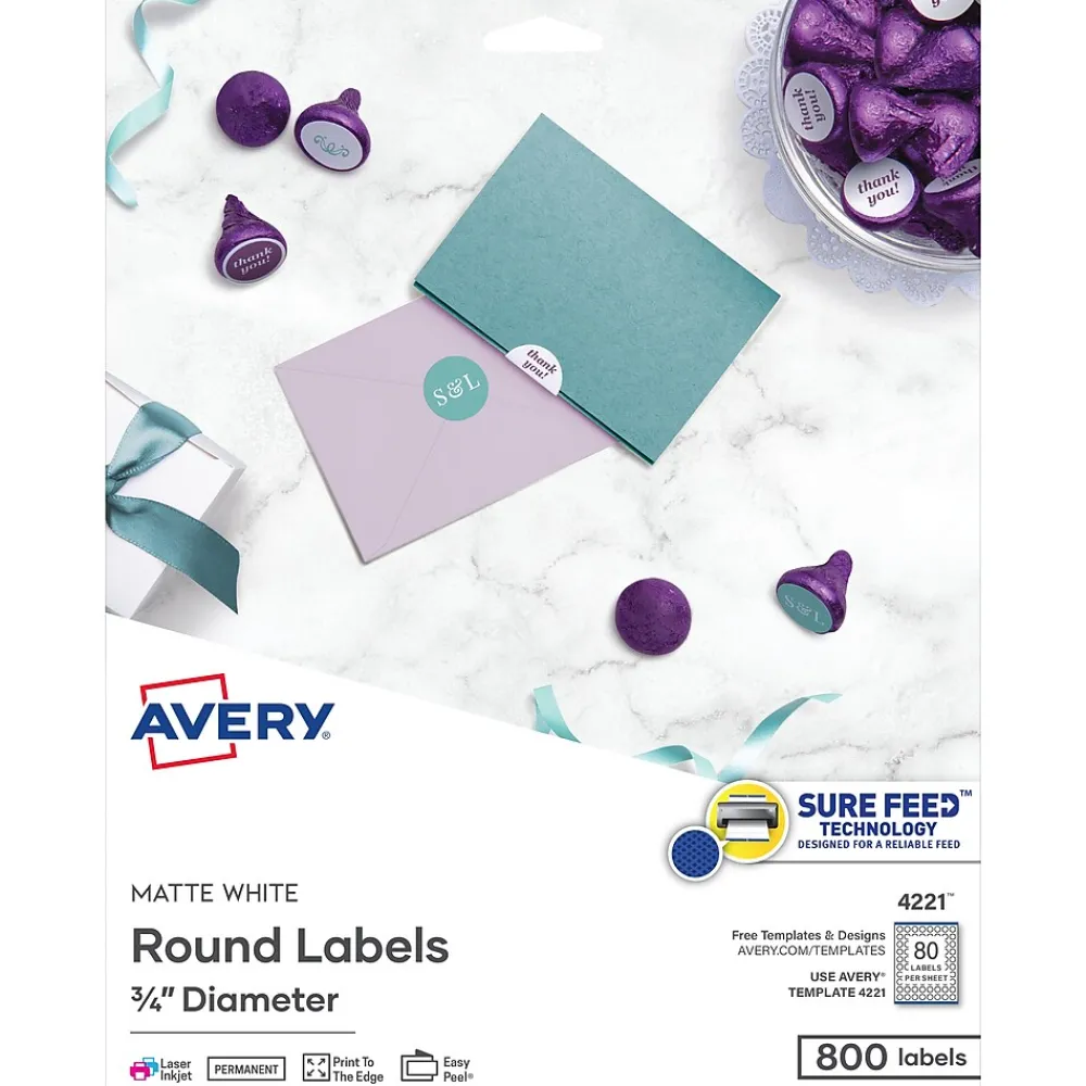 Labels|Avery Easy Peel Laser/Inkjet Round Labels, 3/4" Diameter, White, 80 Labels/Sheet, 10 Sheets/Pack, 800 Labels/Pack (4221)