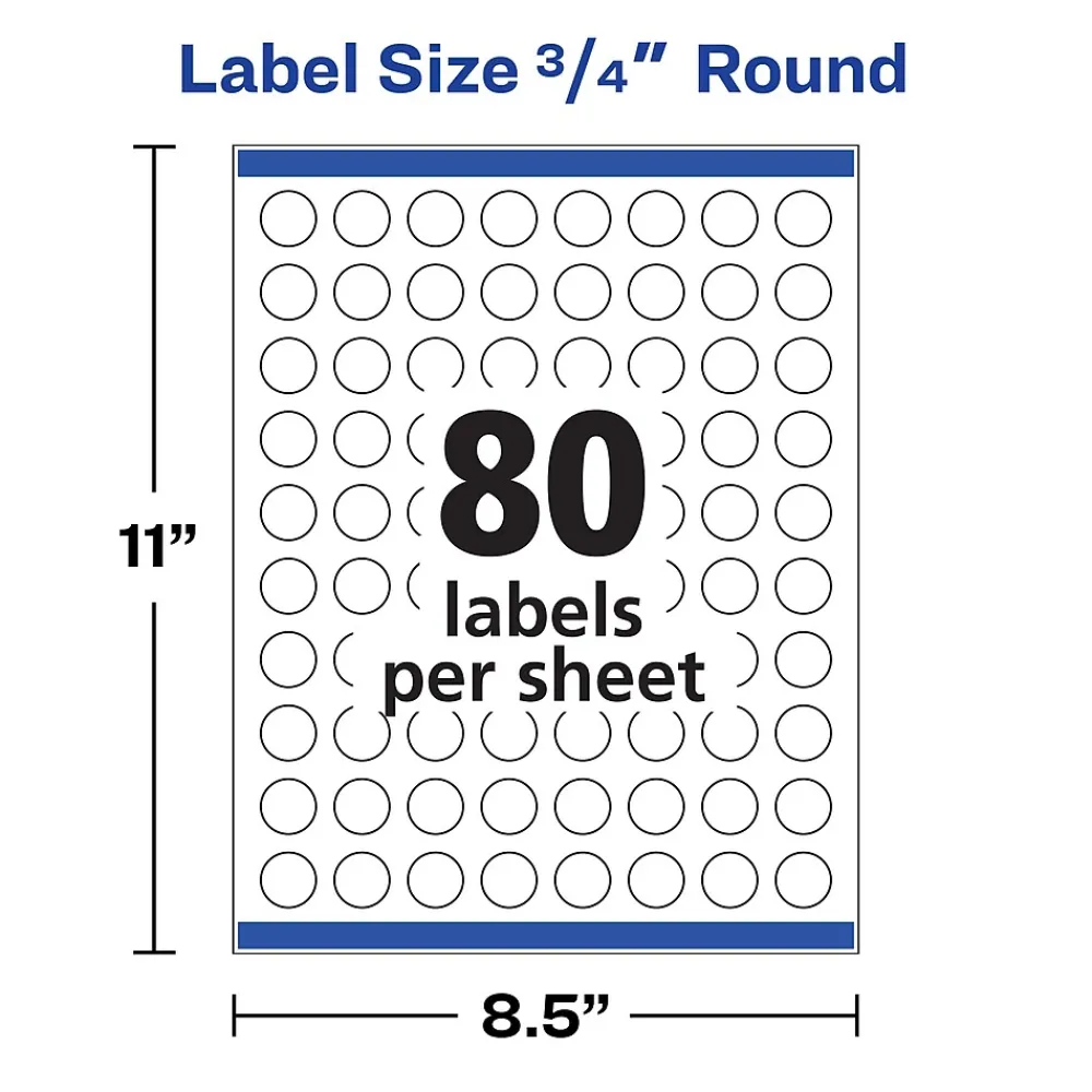 Labels|Avery Easy Peel Laser/Inkjet Round Labels, 3/4" Diameter, White, 80 Labels/Sheet, 10 Sheets/Pack, 800 Labels/Pack (4221)