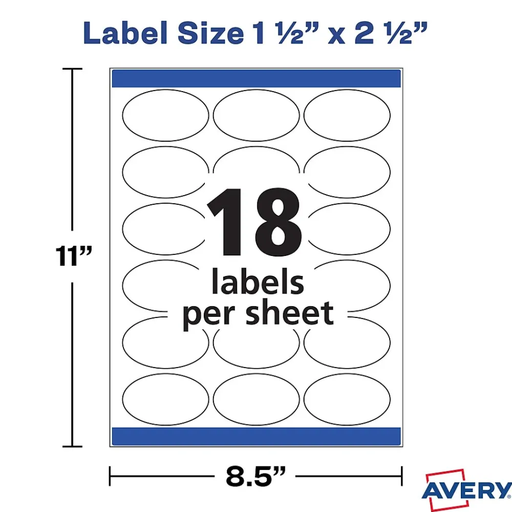 Labels|Avery Easy Peel Laser/Inkjet Oval Labels, 1 1/2" x 2 1/2", Glossy White, 180 Labels/Pack (22804)