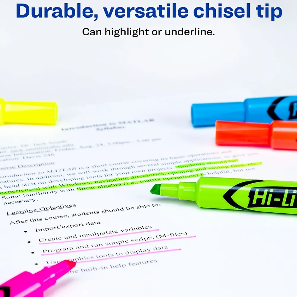 Highlighters|Avery HI-LITER The Original Tank Highlighters, Chisel, Assorted Fluorescent, 12/Set (98034)