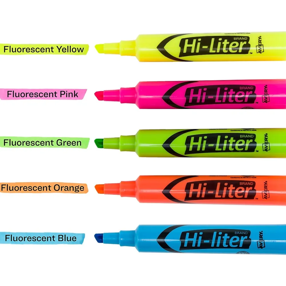 Highlighters|Avery HI-LITER The Original Tank Highlighters, Chisel, Assorted Fluorescent, 12/Set (98034)