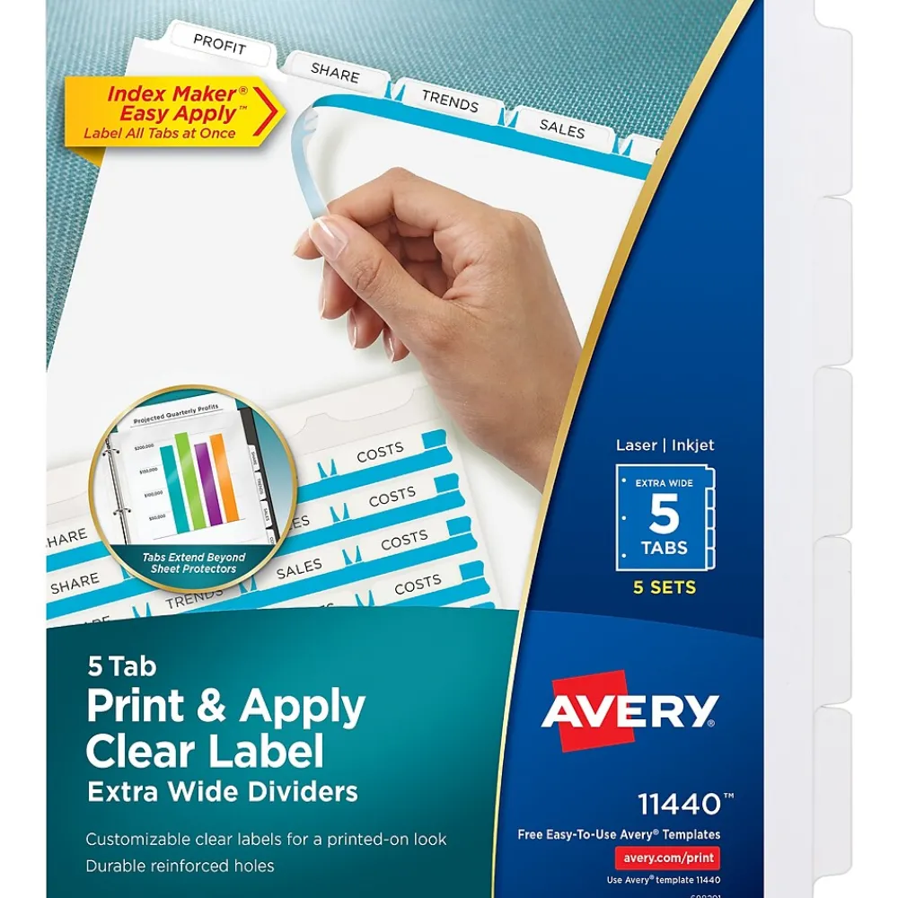 Dividers|Avery Index Maker Extra-Wide Paper Dividers with Print & Apply Label Sheets, 5 Tabs, White, 5 Sets/Pack (AVE11440)