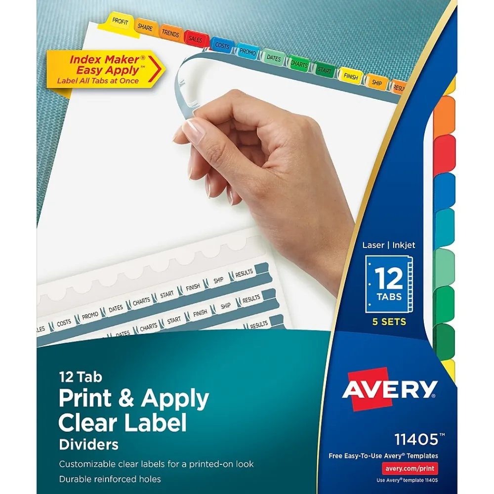 Dividers|Avery Index Maker Paper Dividers with Print & Apply Label Sheets, 12 Tabs, Multicolor, 5 Sets/Pack (11405)
