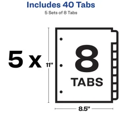 Dividers|Avery Index Maker Print & Apply Label Paper Dividers for Copiers, 8 Tabs, White, 5 Sets/Pack (11422)