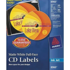 Labels|Avery Inkjet Media Labels, White Matte, 40 Disc and 80 Spine Labels/Pack (8960)