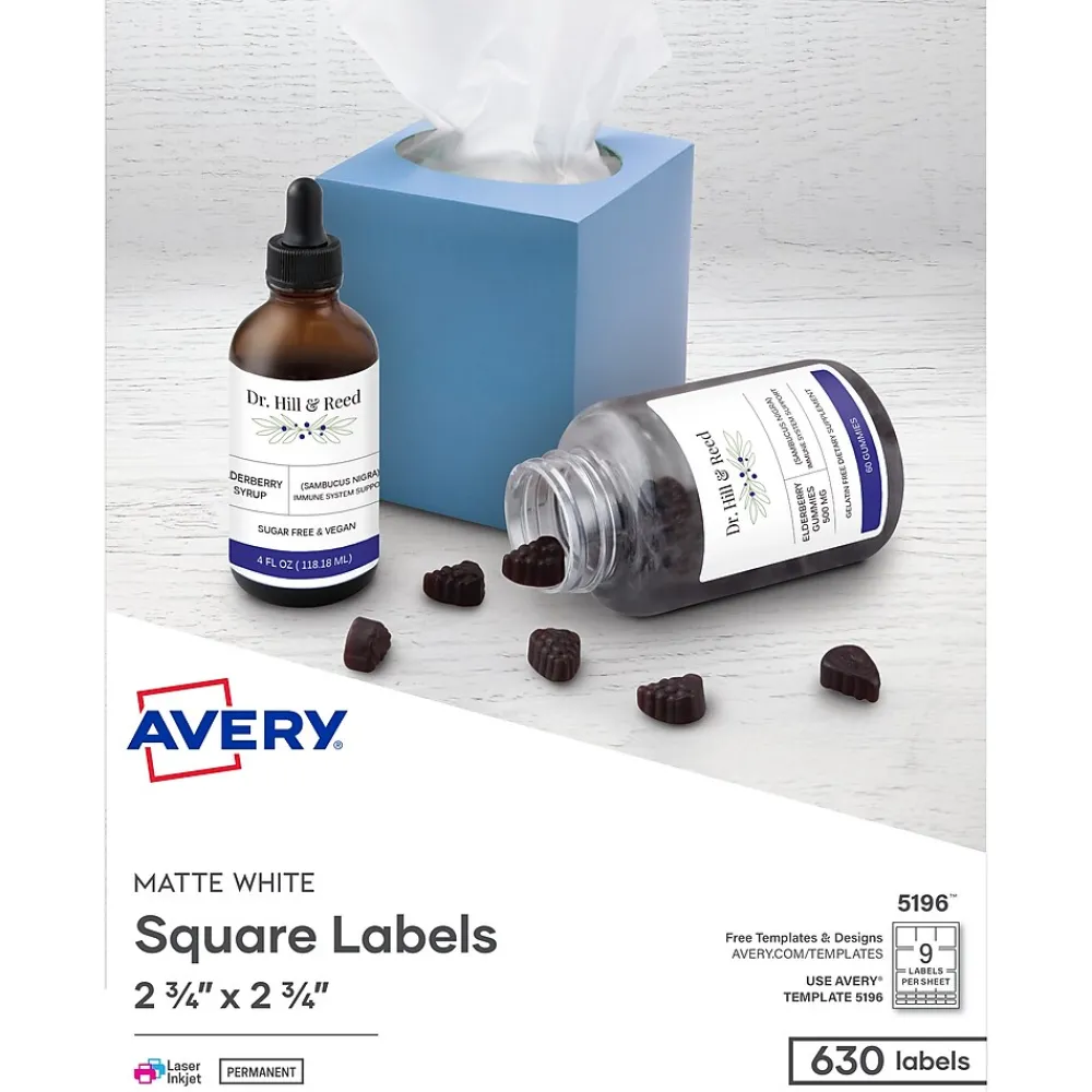 Labels|Avery Laser/Inkjet Media Labels, 2-3/4" x 2-3/4", White, 9 Labels/Sheet, 70 Sheets/Box (5196)