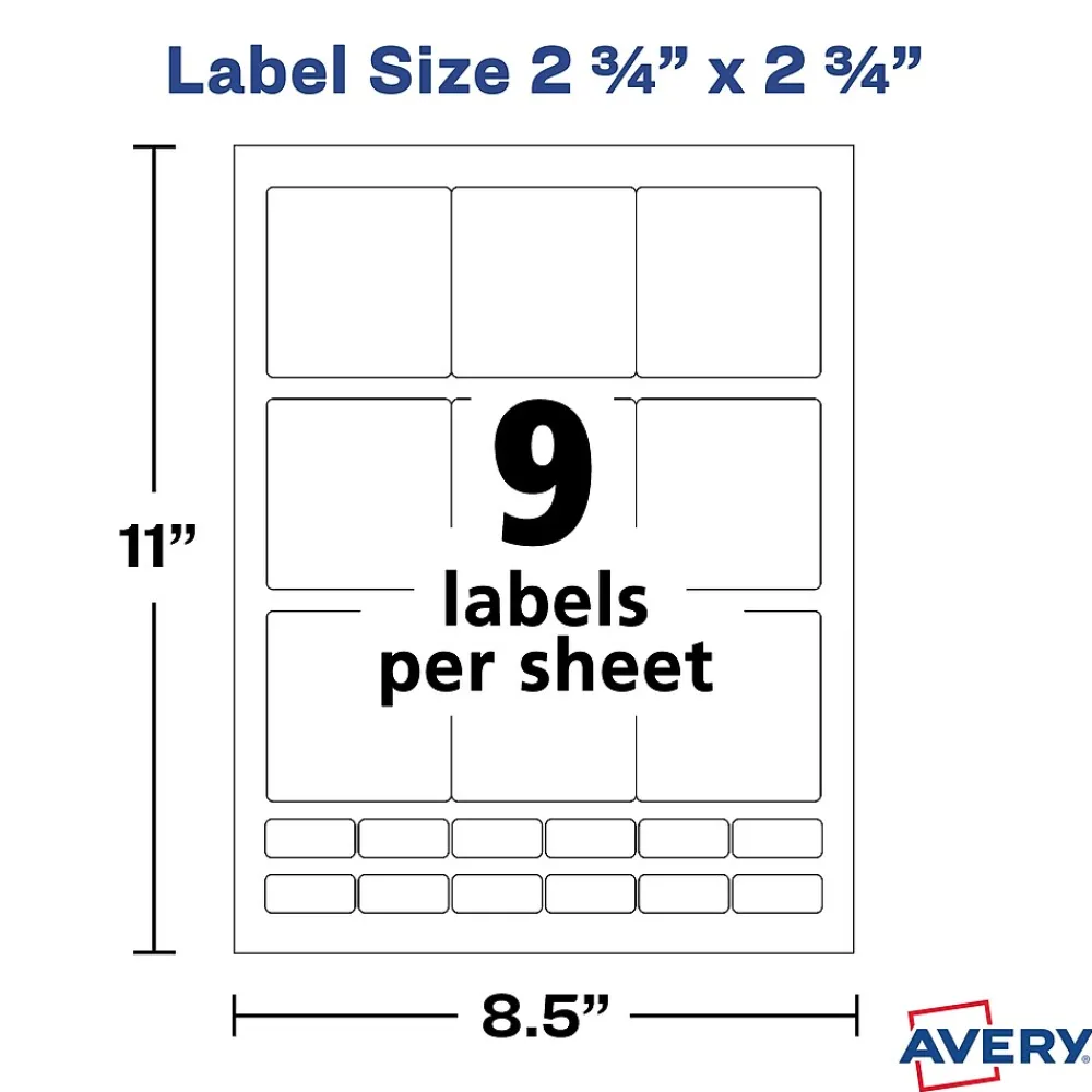 Labels|Avery Laser/Inkjet Media Labels, 2-3/4" x 2-3/4", White, 9 Labels/Sheet, 70 Sheets/Box (5196)