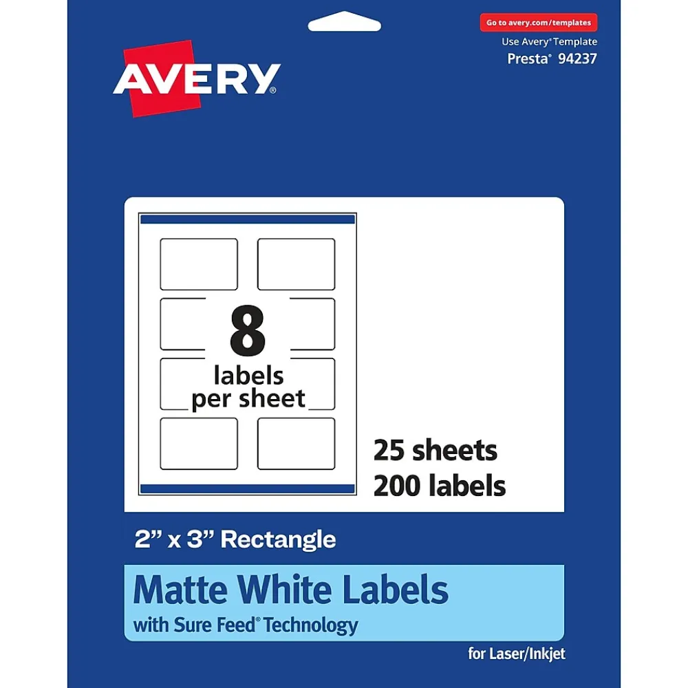 Labels|Avery Laser/Inkjet Rectangle Labels, 2" x 3", Matte White, 200 Labels/Pack (94327)