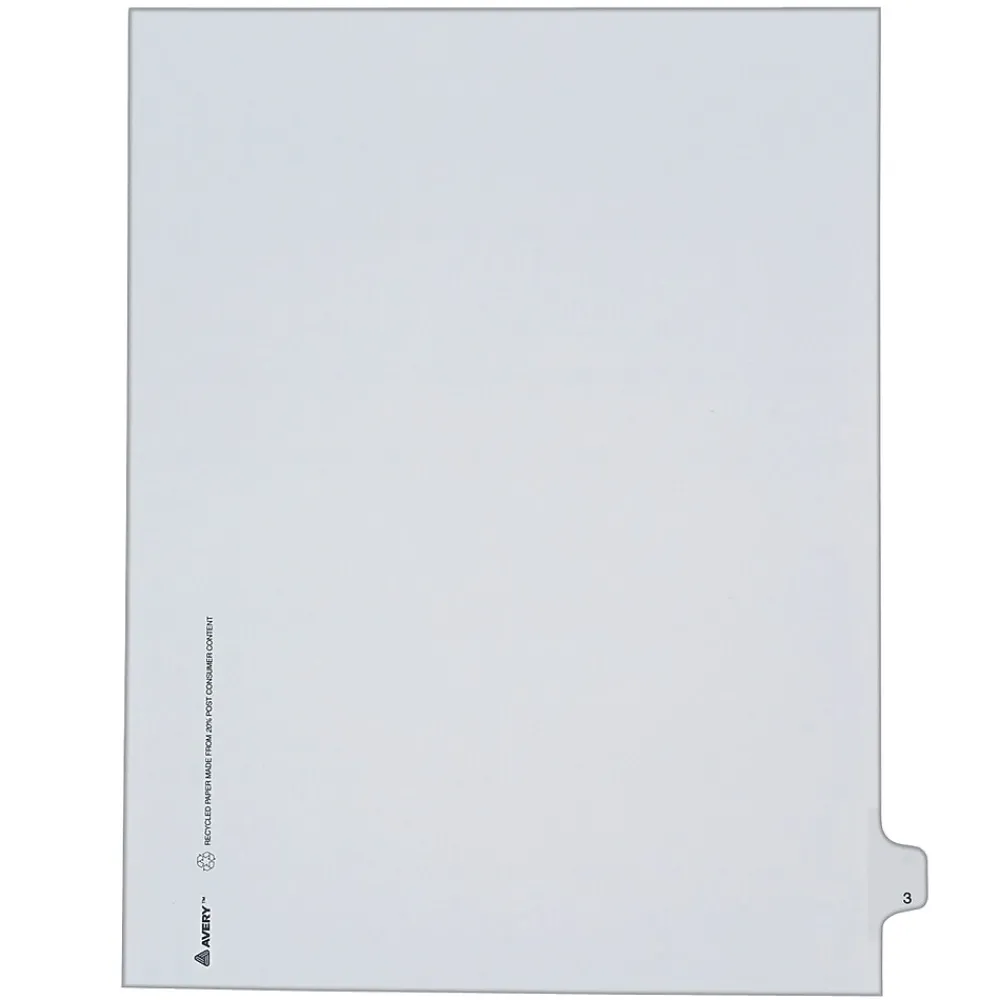 Dividers|Avery Legal Pre-Printed Paper Dividers, Side Tab #3, White, Allstate Style, Letter Size, 25/Pack (82201)