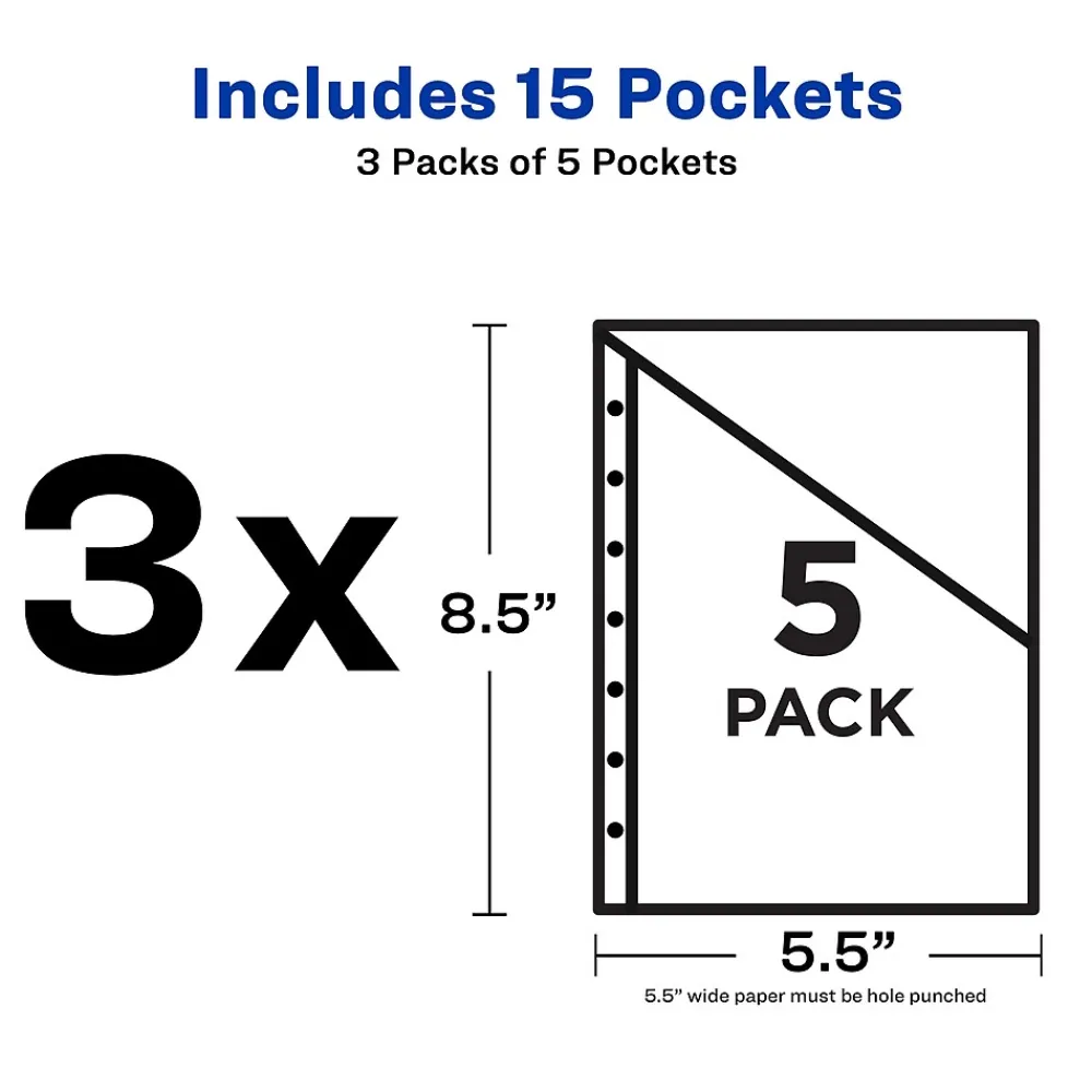 Dividers|Avery Mini Binder Pockets for 5 1/2" x 8 1/2" Paper, Assorted Colors, 5/Pack (75307)