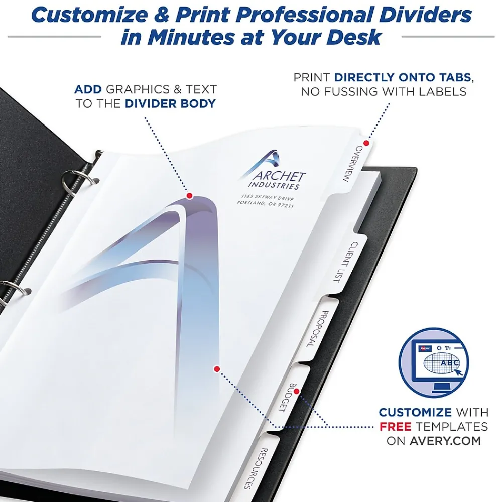 Dividers|Avery Print-On Paper Dividers, 5 Tabs, White, 5 Sets/Pack (11515)