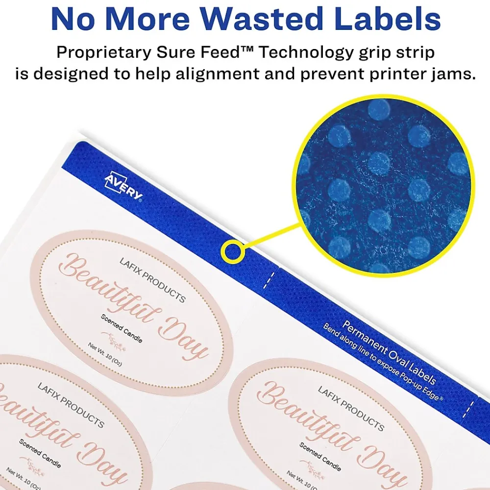 Labels|Avery Print-to-the-Edge Laser/Inkjet Oval Labels, 2" x 3-1/3", White, 200 Labels/Pack (22570)
