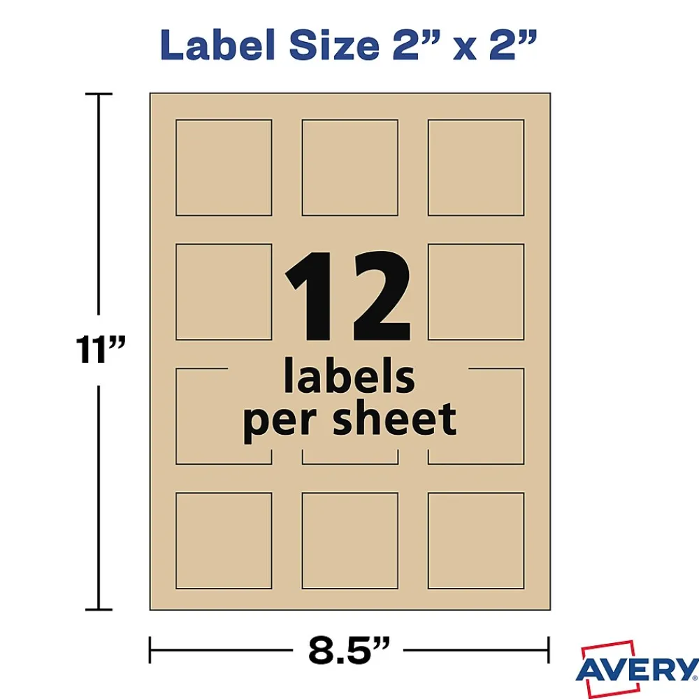 Labels|Avery Print-to-the-Edge Laser/Inkjet Square Labels, 2" x 2", Kraft Brown, 300 Labels/Pack (22846)