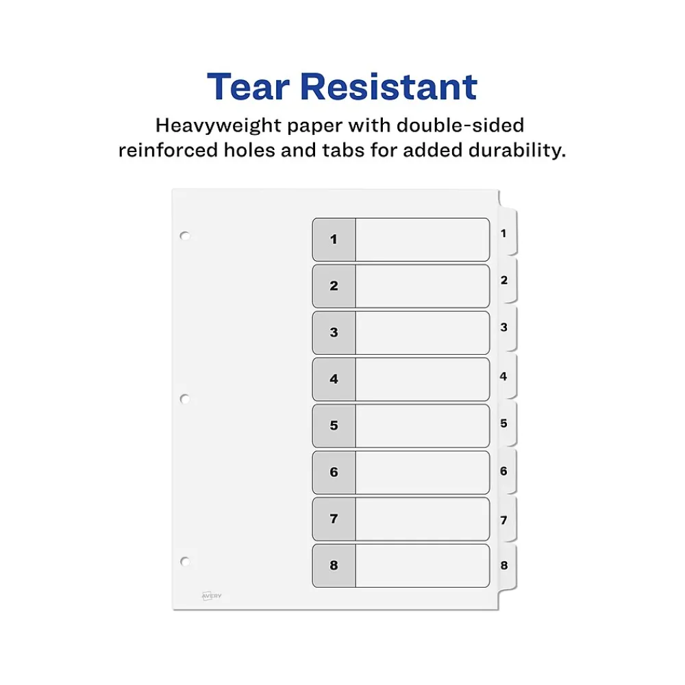 Dividers|Avery Ready Index Table of Contents Paper Dividers, 1-8 Tabs, White, 6 Sets/Pack (11822)