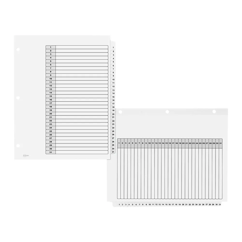Dividers|Avery Ready Index Table of Contents Paper Dividers, 1-31 Tabs, White, 6 Sets/Pack (11827)