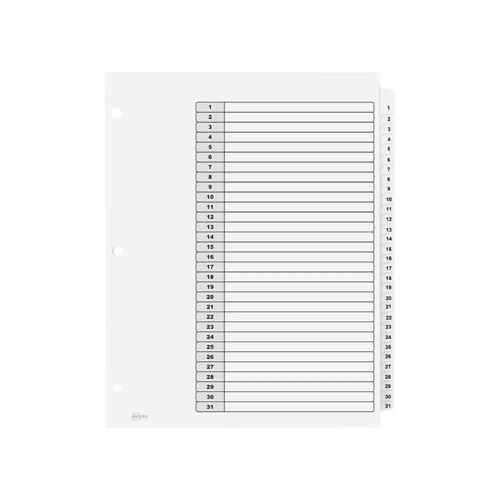 Dividers|Avery Ready Index Table of Contents Paper Dividers, 1-31 Tabs, White, 6 Sets/Pack (11827)